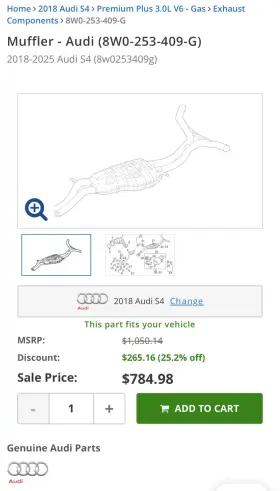 8w0-253-409-g Audi 2018 S4 B9 Muffler -